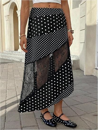 Black Polka Dot Midi Skirt With Lace Panels image 2